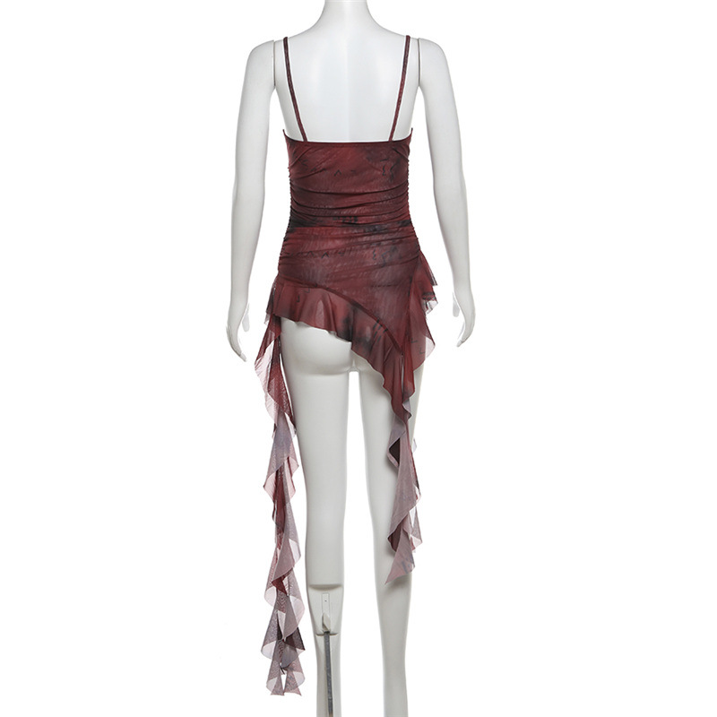 Basic & Casual Dresses Street Tie-dye Mesh Camisole Vest 2026 Sumemr New All-match Tank Top Y2k Slim Fit Irregular Ruffles Tassel Sling Dress