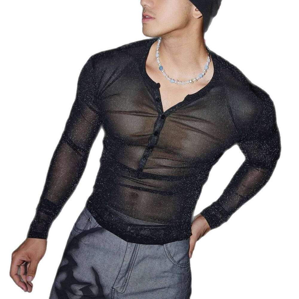 European and American Cross-Border Sexy Shiny Diamond Men's Semi-Sheer Top Street Fashion Nightclub Style Button Round Neck Fun T-Shirt
