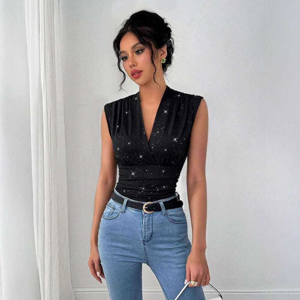 European and American cross-border independent website 2026 summer new women's V-neck sleeveless top with shiny sequin decoration