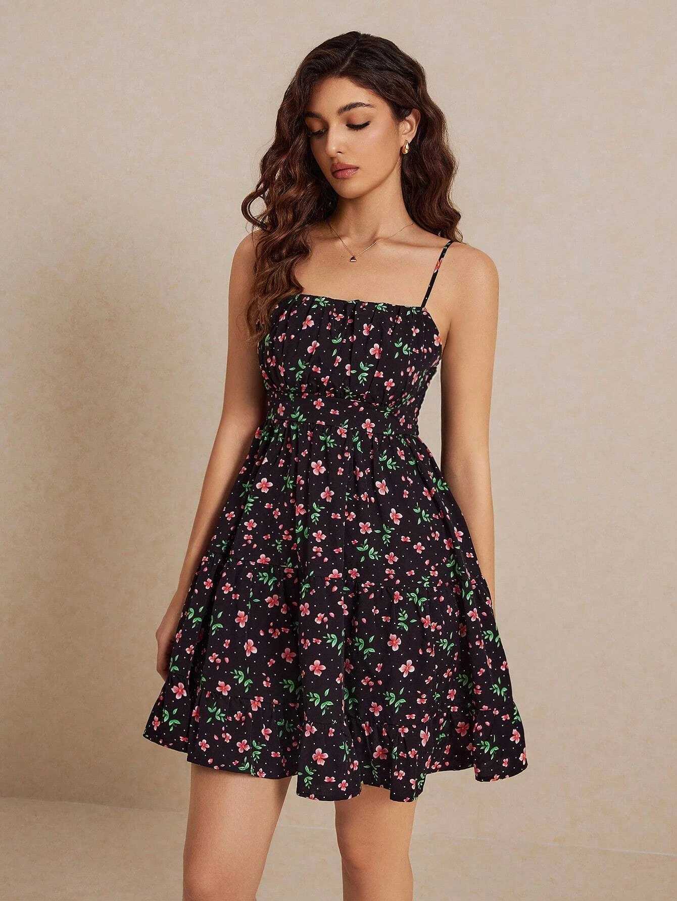 Elegant Floral Slim-Fit Ruched Cami Dress Exquisite Craftsmanship Versatile Perfect for Daily Commute Dates Trips X260306