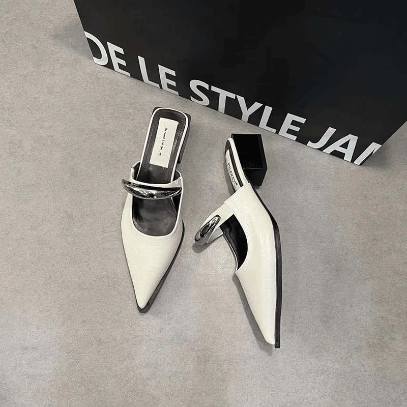 Summer Women Cover Toe Mules Slippers Fashion Metal Decoration Thick Heel Slide Shoes Comfort Street Style Footwear 260303
