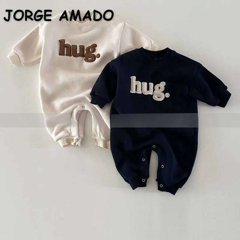 Korean Style Winter Toddler Girls Boys One-Pieces Sweatshirts Jumpsuit Letter Round Collar Fleece Rompers Baby Clothes H51905 Z260306