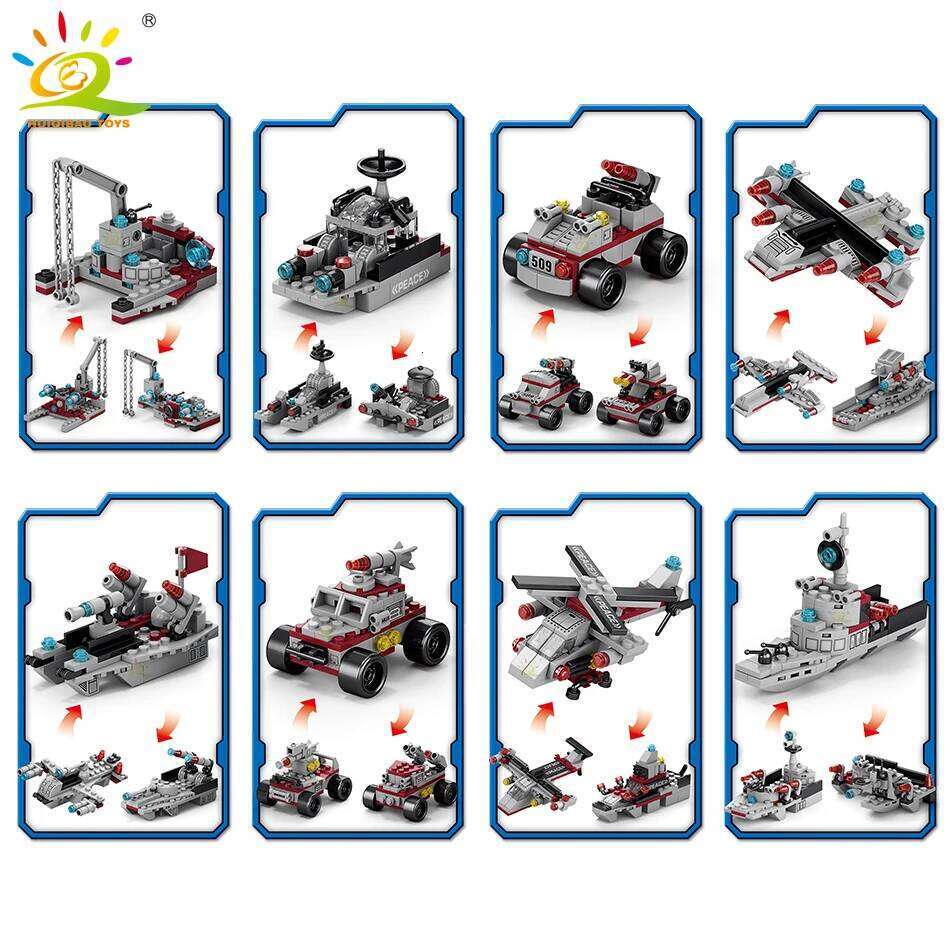 HUIQIBAO Military Ship 554pcs 8in1 Aircraft Cruiser Building Blocks Army Warship Plane Truck Bricks City Children Toys for Boy Z260306