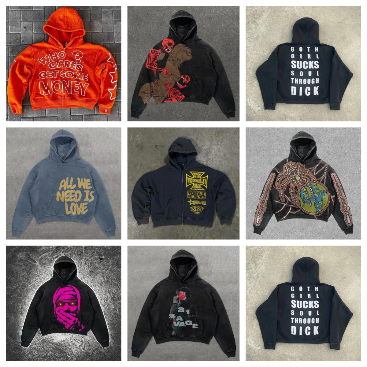 Men's Hoodies American Y2K Casual Retro Trend Ins Cartoon Hoodie Harajuku Punk Grunge Art Streetwear Loose Hip-hop Daily Couple printed Pullover zip-up Sweatshirt