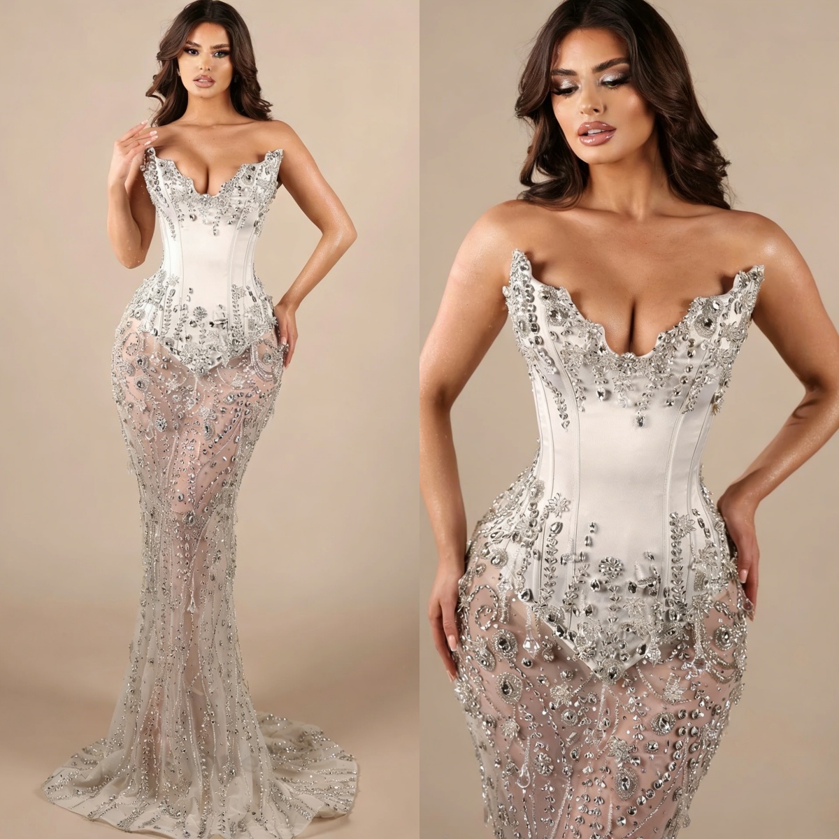 Luxury Mermaid Evening Dresses For Women Crystal Appliques Gown Sweetheart Neck Sleeveless See Through Sweep Train Dress Party Custom Made