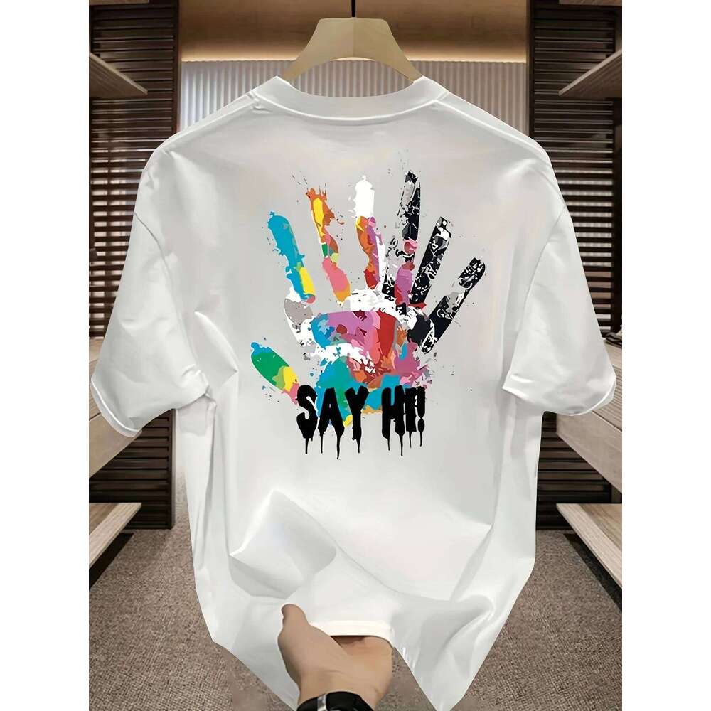 Men's Summer 100 Cotton Fashionable Casual Sports Loose Large Size Color Handprint Round Neck Short Sleeve T-shirt Top 26H0306