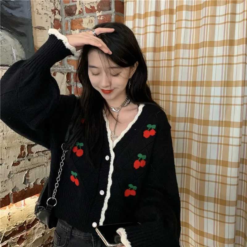 New Autumn V-neck Long Sleeve Knitting Sweater Women Casual Loose Button Floral All-match Tops Sweet Cherry Cardigan Crop Top M260306
