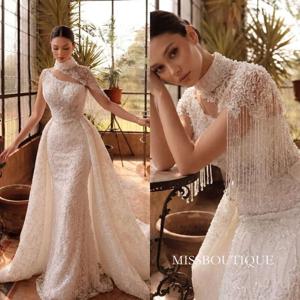 Designer Mermaid Wedding Dress High Collar Sleeveless Bridal Gowns Sequins Lace Detachable Train Dresses Custom Made Vestidos De Novia D0306