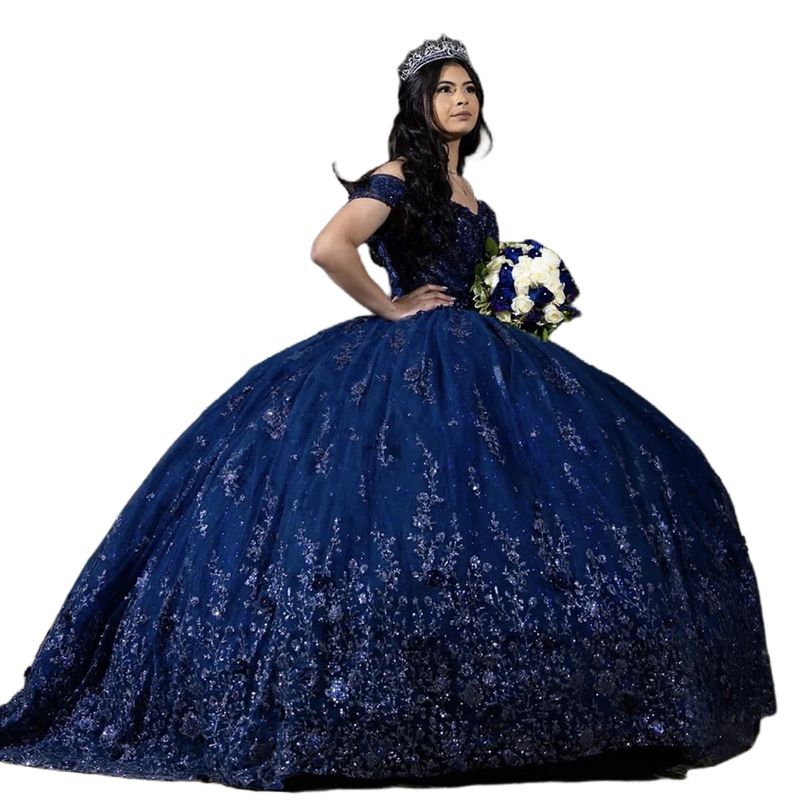 Navy Blue Ball Gown Quinceanera Dresses Lace Floral Appliques Beaded Off Shoulder Princess Prom Dress For 15 Girls Celebrity Party Boutique