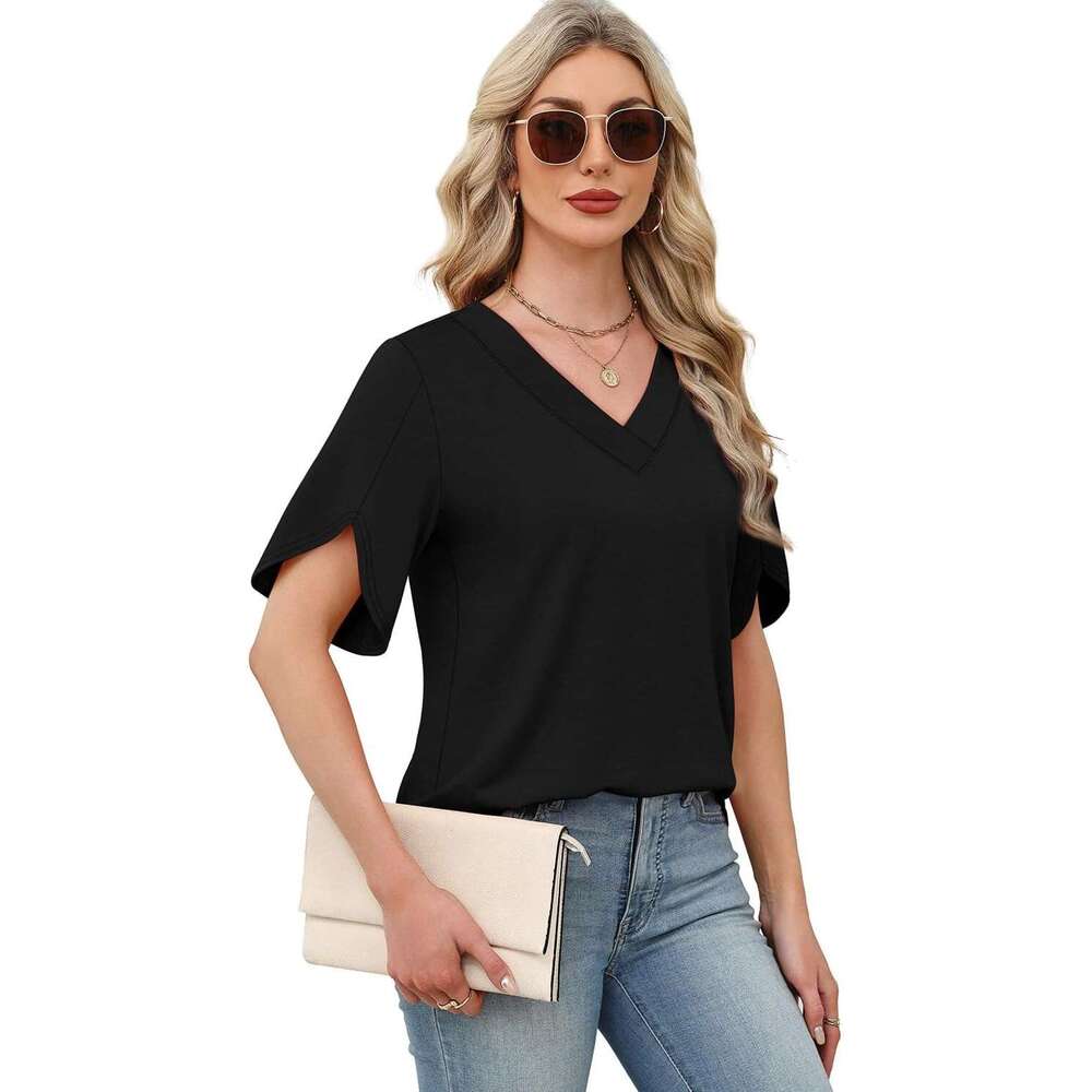 Womens Summer Tops Short Petal Designer Sleeve Shirts Fashion V Neck Outfits Clothes