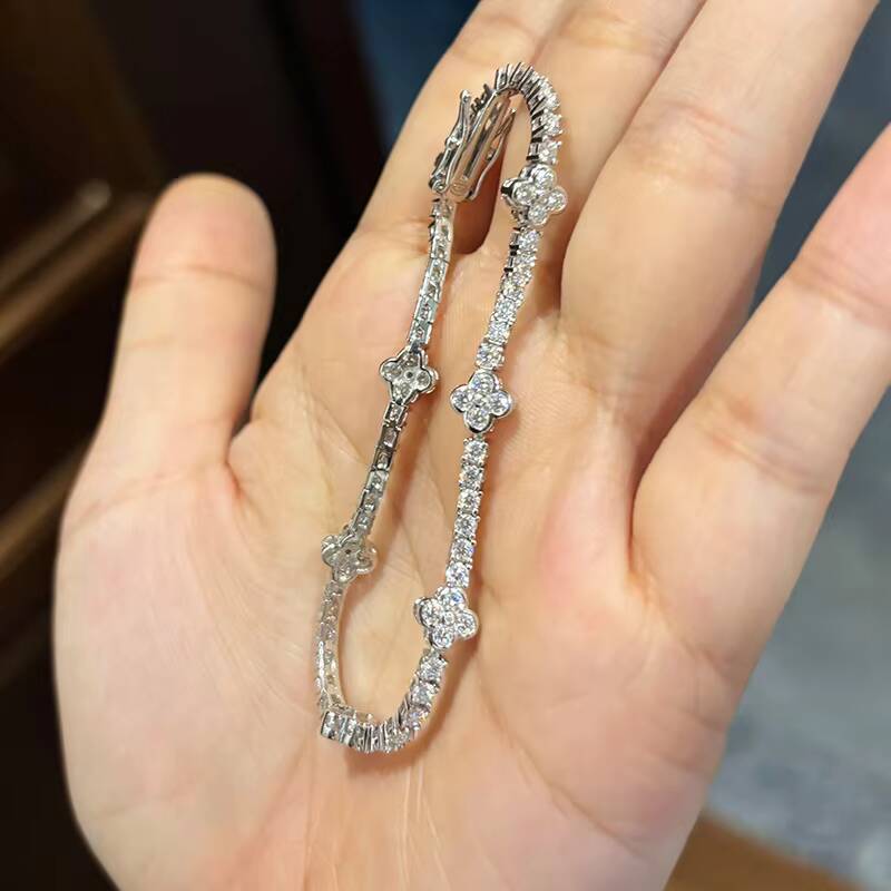 Wholesale Moissanite Jewelry Lucky Four-leaf Clover VVS1 Certificates Rhodium Fashion Tennis 925 Silver Jewelry Bracelet 12/15
