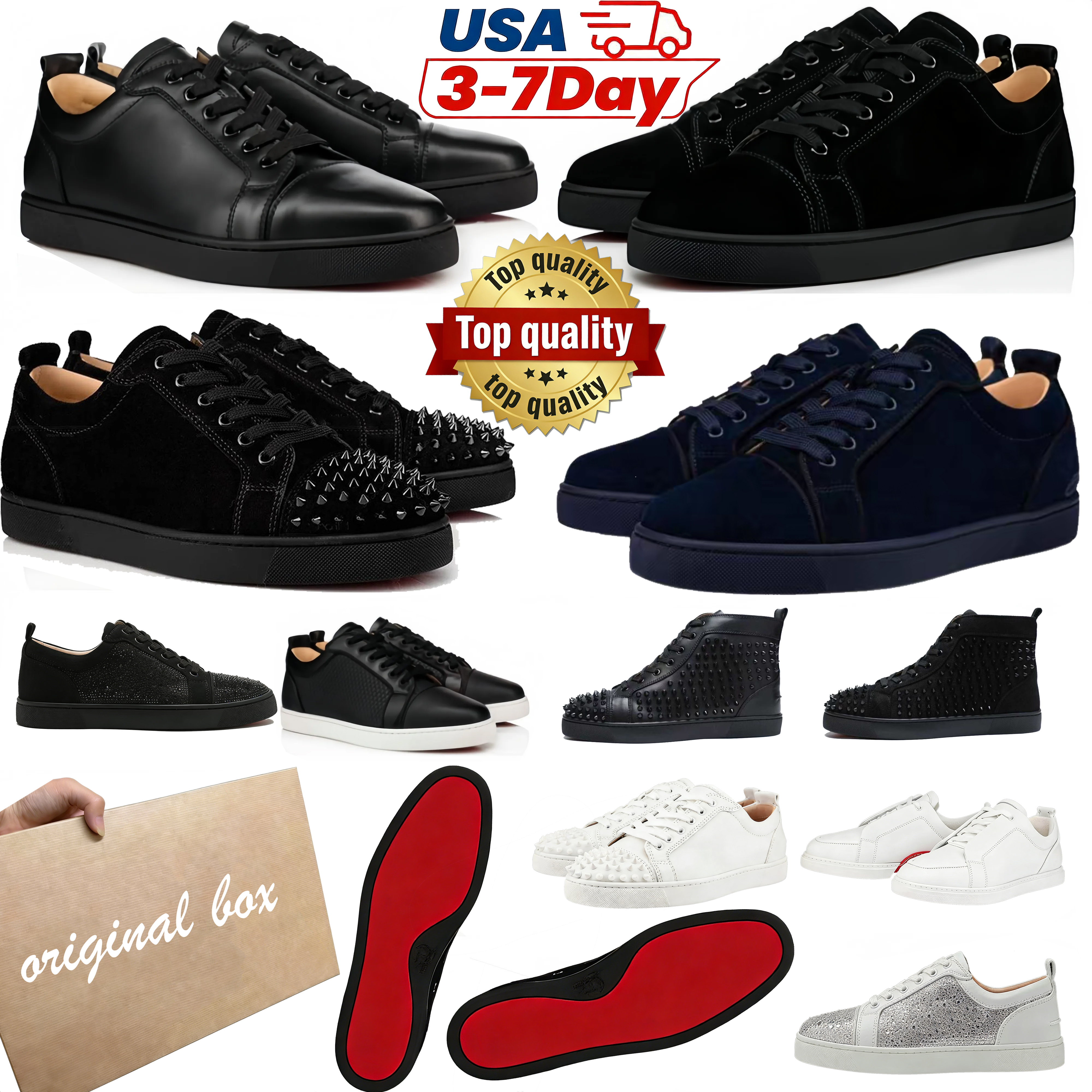 Designer hig red bottomshoesmen Dress Shoes Men Casual Shoes Bottoms Sneakers Glitter Grey Rivets Leather Suede Women Fashion Spikes Luxury classic Office AA