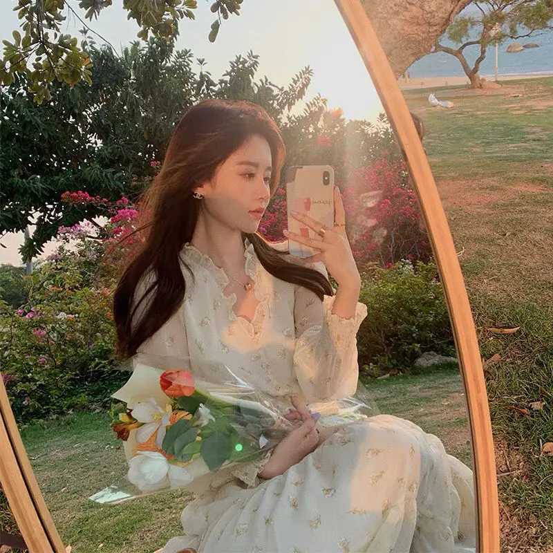 V-neck Elegant Sweet Dress Women Long Sleeve Chiffon Floral Dress Party Beach Dress for Females Korean Style 2021 Summer Chic X260306