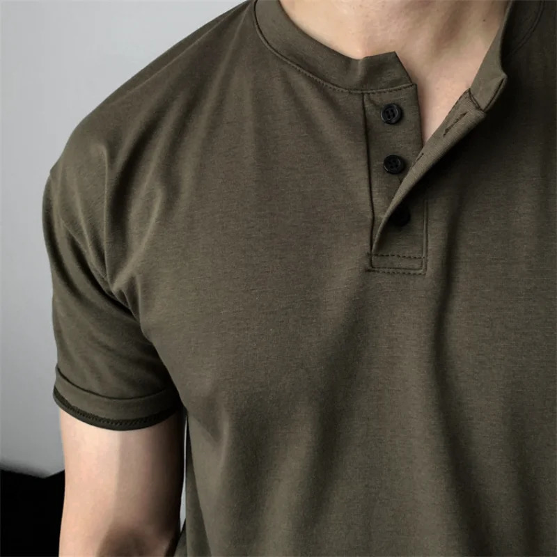 Summer Mens Short Sleeve Henley Neck T Shirts American Retro Casual Beach T-shirts Loose High-Quality Fitness Sports Shirt Tops 260304