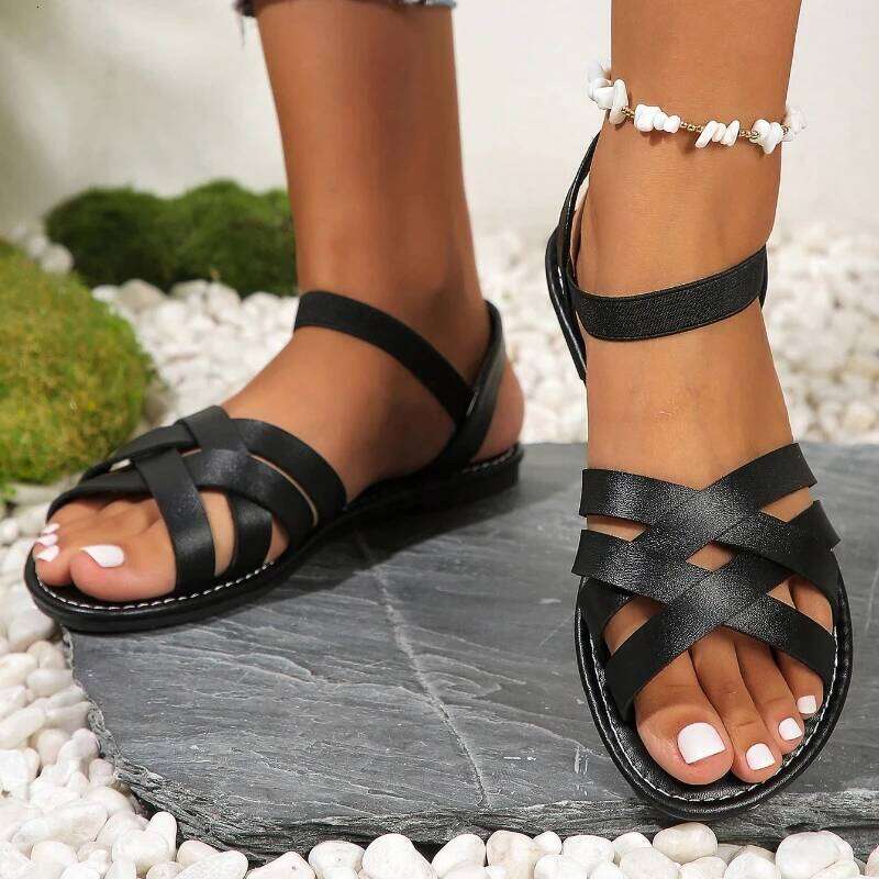 Women's Beach Glamour Sandals Elastic ankle strap Casual bohemian crossover lace-up simple holiday summer soft-soled sandals