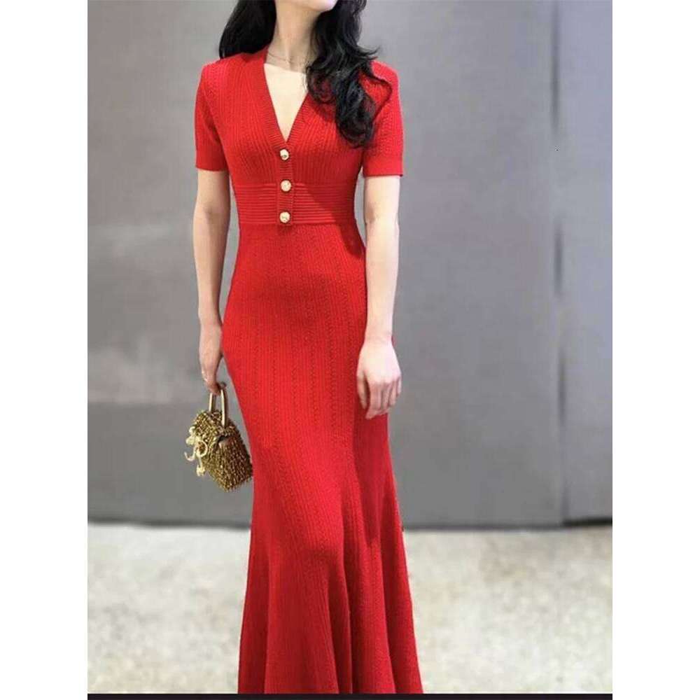 Blue Short-Sleeved V-Neck Knitted Long Dresses Temperament Elegant Stretch Slim Women's Dress Autumn New Mdng260306