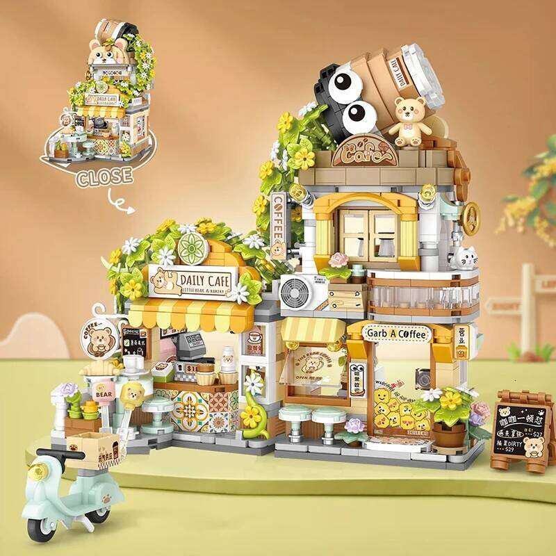 Mini Building Blocks Folding Street View Panda Cafe Model Bricks for Adults and Children Assembled Toys Gifts Home Furnishings Z260306