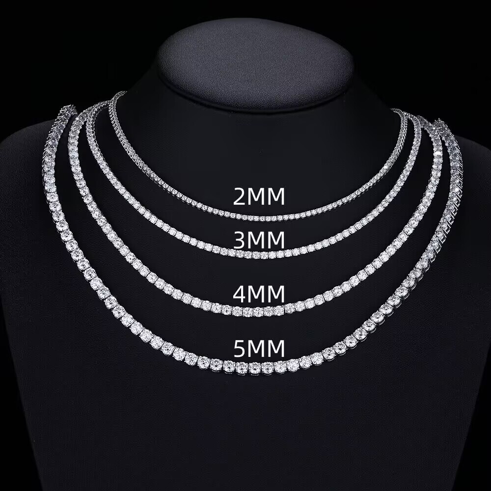 Custom 925 Sterling Silver Diamond Necklace, Full Diamond, 2MM 3MM 4MM 5MM 6MM VVS Moissanite, Tennis Chain, G
