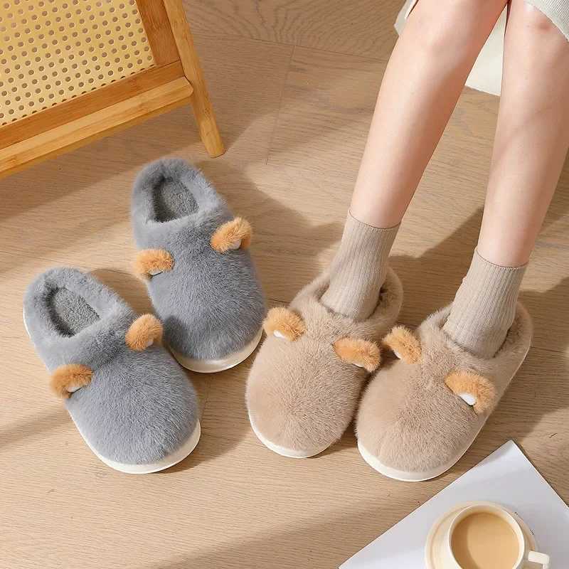 New Cotton Slippers Cute Furry Slides Indoor Anti-slip Flats Women Soft Winter Home Couples Men Platform Warm Plush Shoes S260305