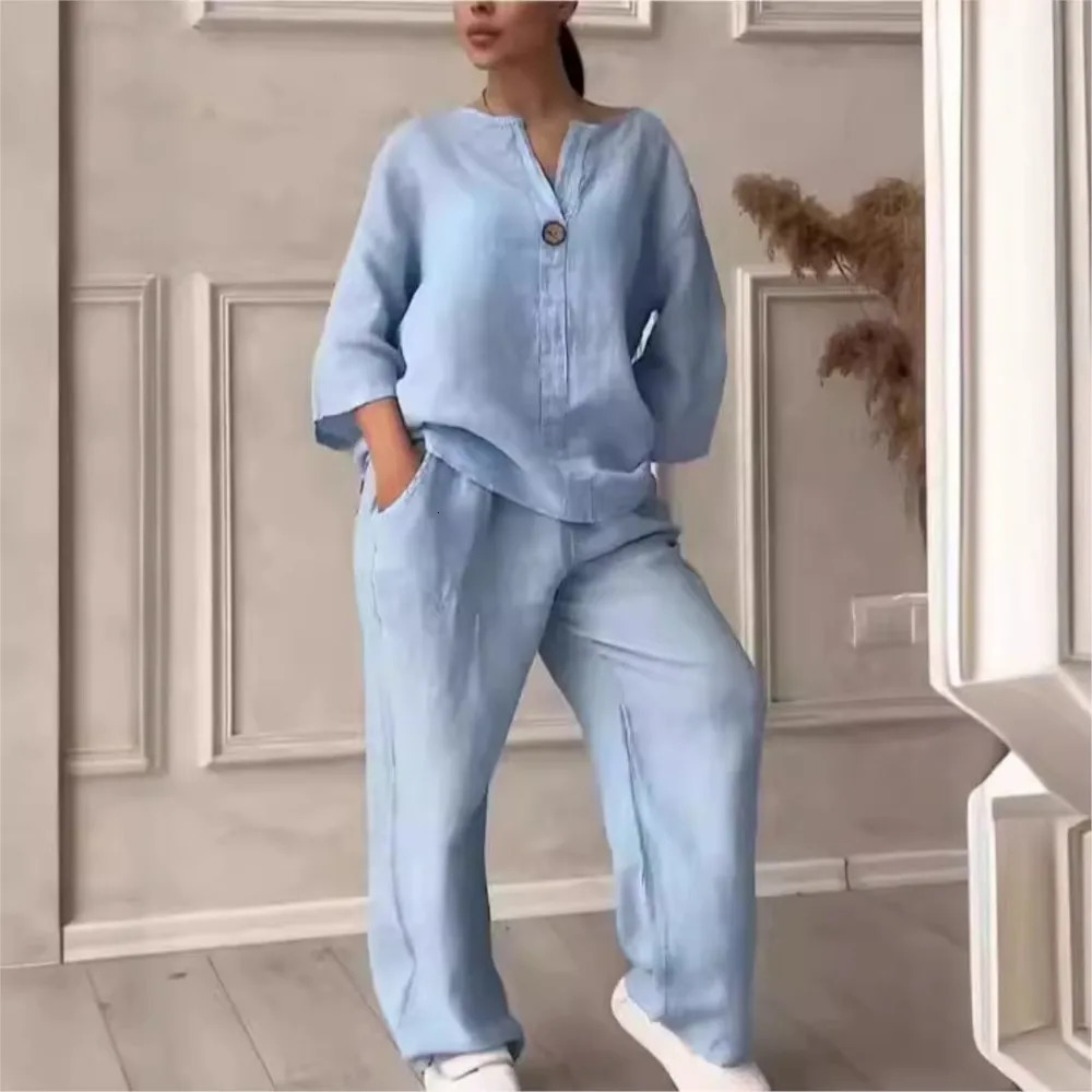 Fashion O Neck Long Sleeve Cotton Linen Shirt Suit Women Spring Autumn Casual Solid Color Pocket Pants Female Office 2 Piece Set 260305