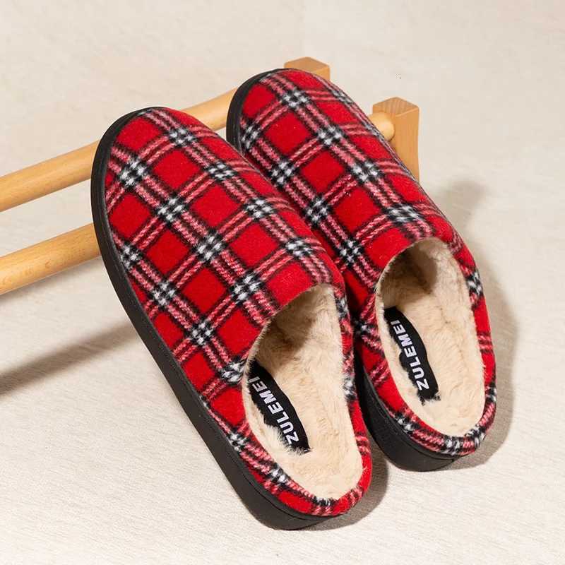 New Mens Striped Warm House Fleece Cozy Non-slip Plaid Cotton Mops Couples Slippers Winter Soft Indoor Bedroom Couples Shoes S260305