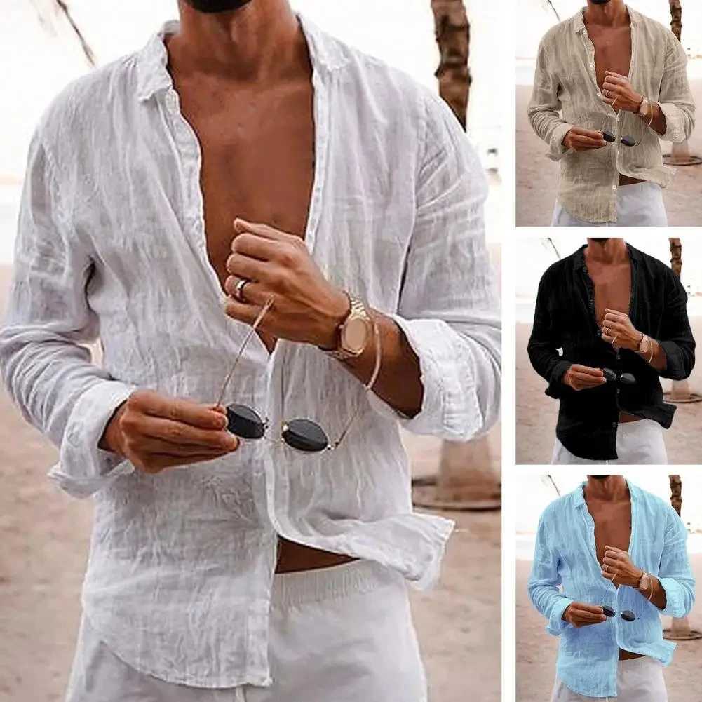 2026 Autumn Mens Single-breasted Lapel Shirt Cotton Linen Breathable Long Sleeve Thin Solid Color Casual Shirt M260305
