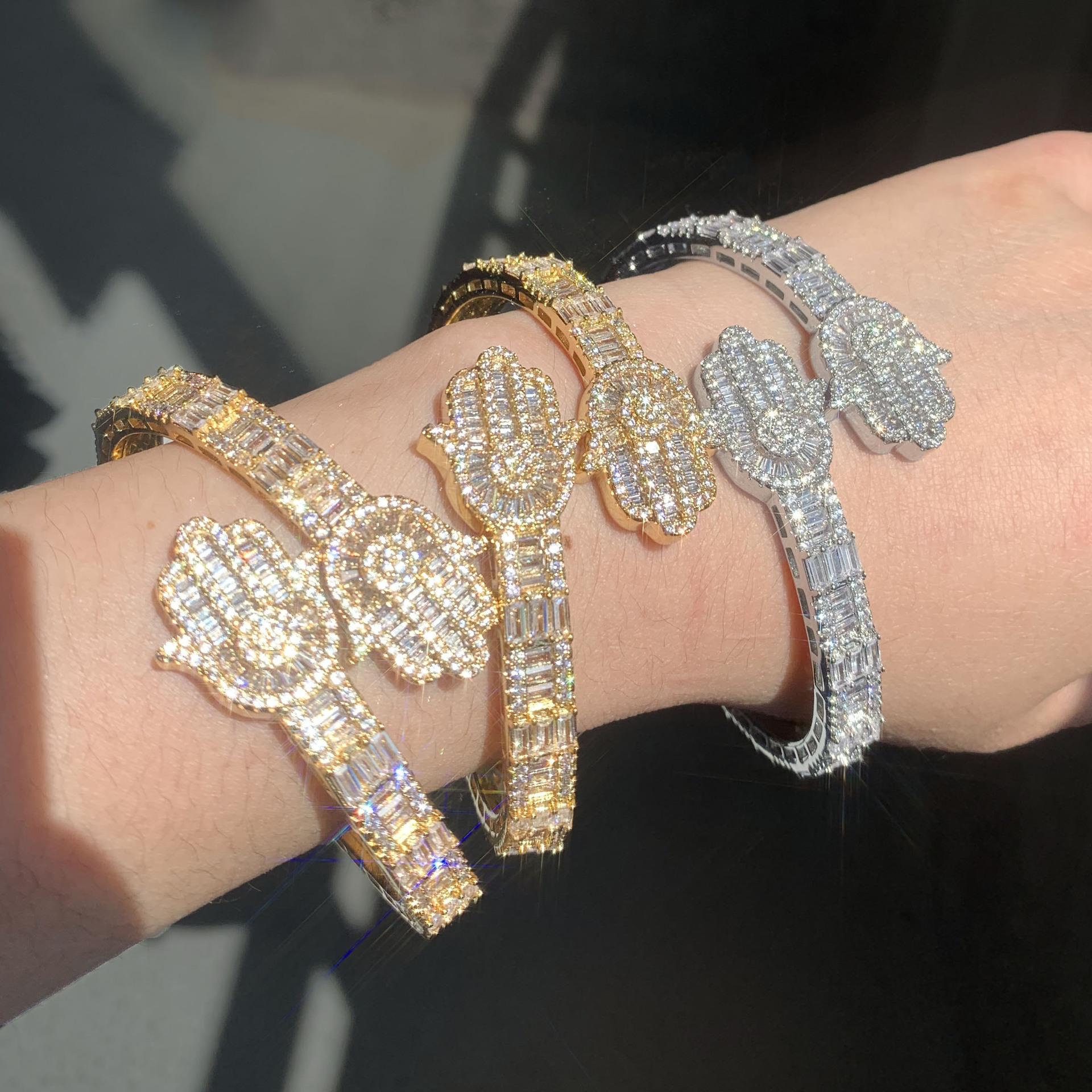 New Iced Out Bling Micro Pave 5A CZ Zircon Baguette Diamond Hamsa Hand Openning Bangle for Men Women Hip Hop Luxury Jewelry