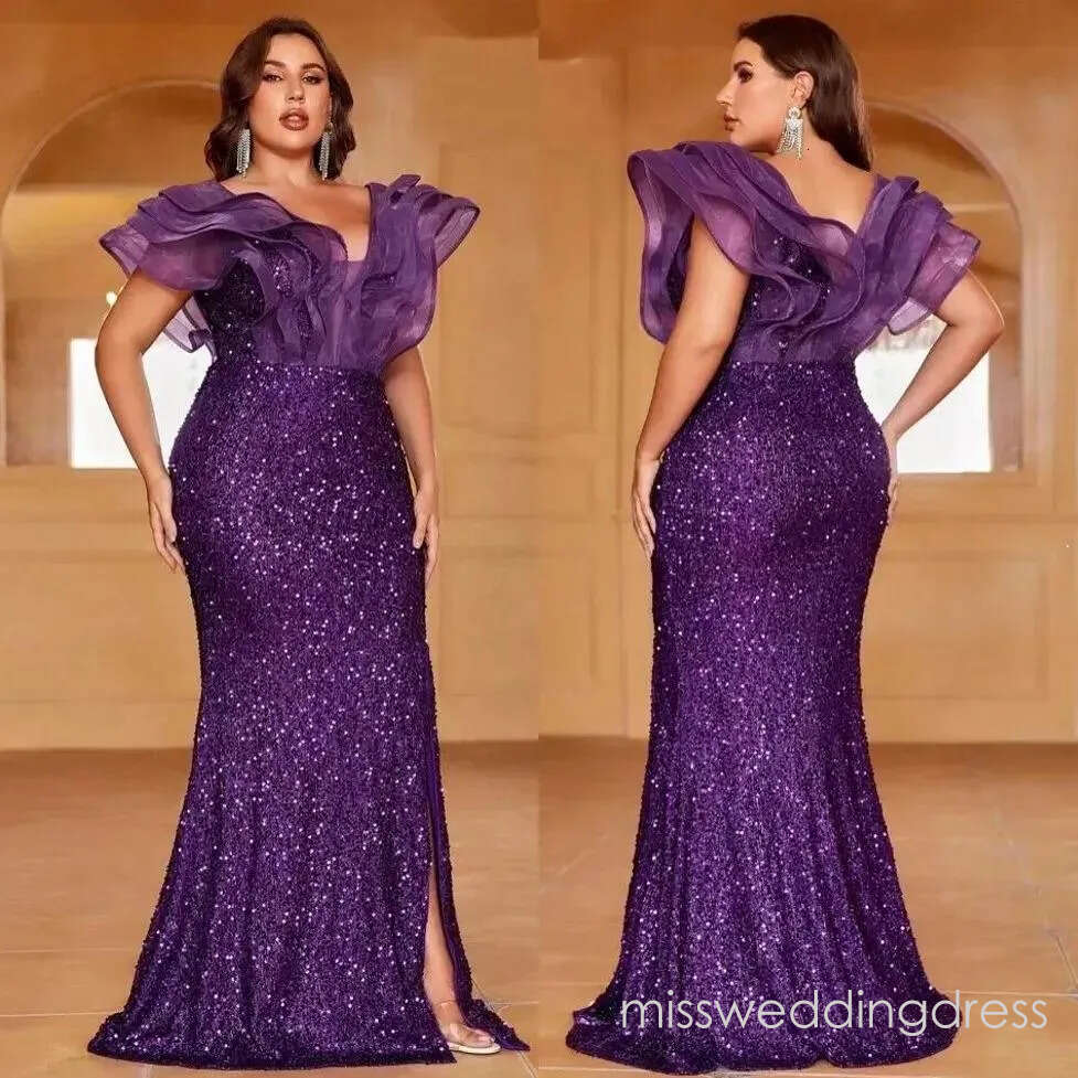 Purple Plus Size Sequined Prom Dresses Mermaid Sheer Plunging Neckline Evening Gowns Beaded Floor Length Special Occasion Dress