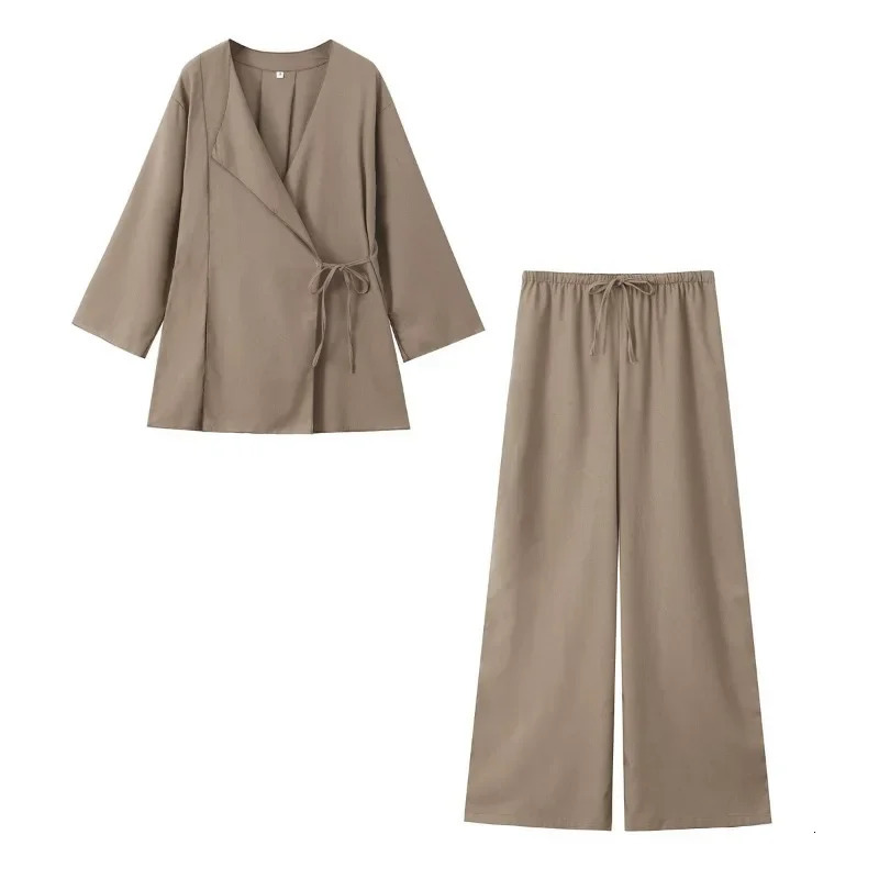 Women Vintage Loose Suits Long Sleeve V Neck Linen Kimono Cross JacketsHigh Waist Wide Leg Pants Fashion Summer Sets 260305