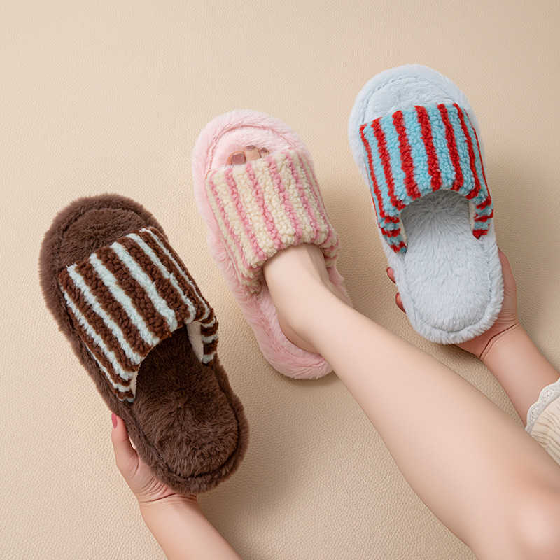 Striped Color-Block Open-Toe Cotton Slippers for Women Ins Style Furry Slippers Designer Home Plush Slippers S260305