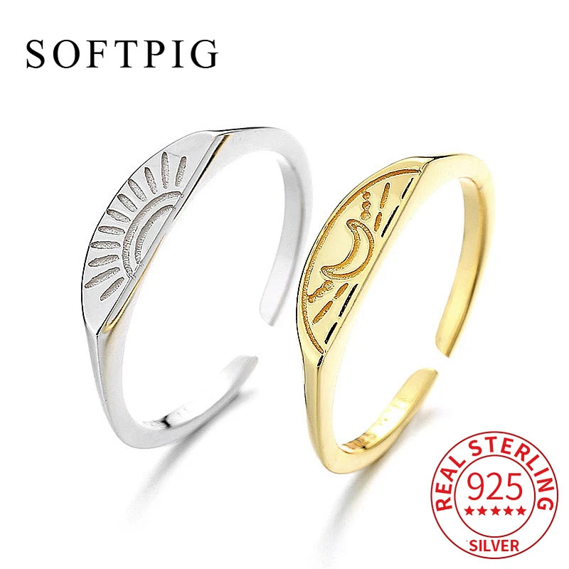 SOFTPIG Real 925 Sterling Silver INS Style Couple Adjustable Ring For Women Cute Fine Jewelry Minimalist Moon Sun Accessories 260304