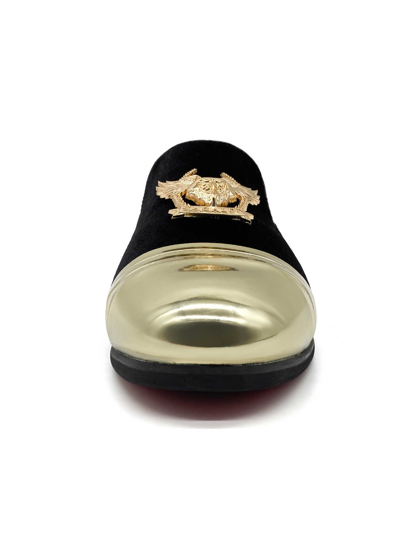 Men's Luxury Black Velvet Loafers Gold Cap Toe and Ornate Eagle Badge Red Bottom Dress Shoes
