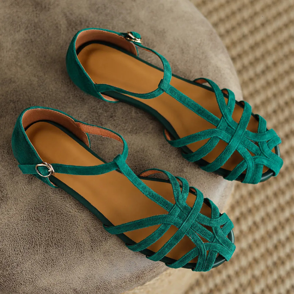 Womens natural suede leather narrow band braided t-strap flats sandals round toe casual female footwear summer shoes for women 260305