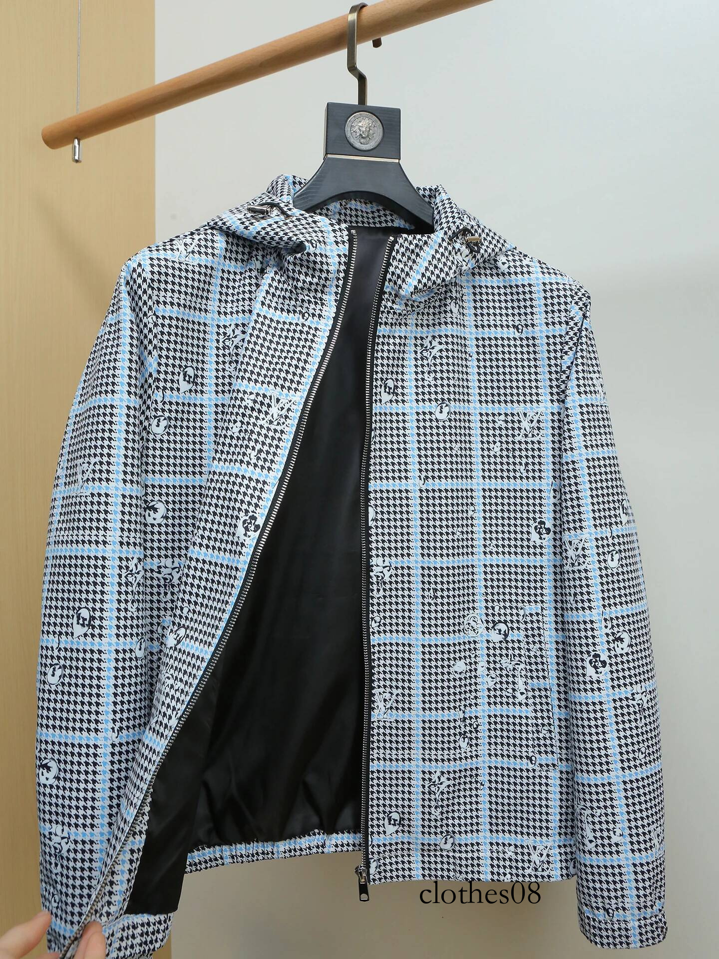 Spring Thin Plaid Print Jaet Men's Trendy Versatile Top Youth Slim Fit Hooded Outerwear Breathable Polyester Long Sve Zi...