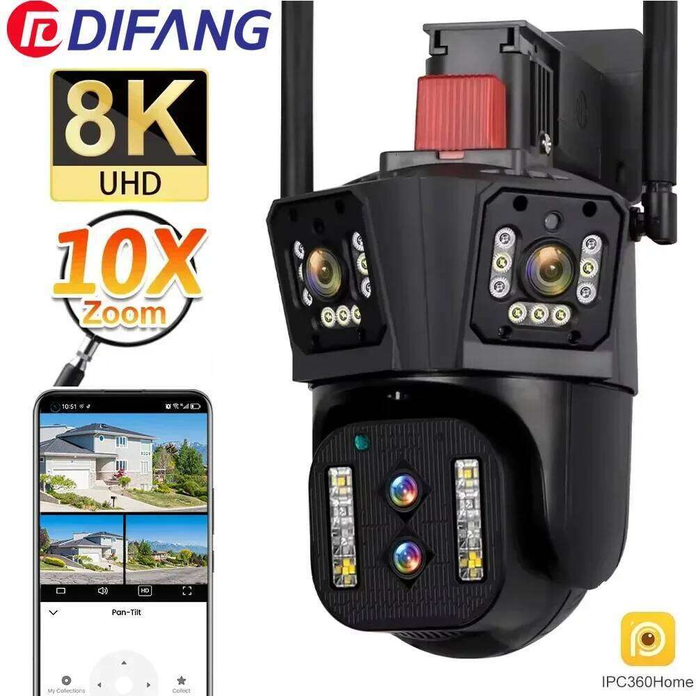 8K WIFI IP 16MP HD Outdoor 10X Optical Zoom Automatic Tracking PTZ Four Lens Three Screen Waterproof Security Camera CCTV 26W0306