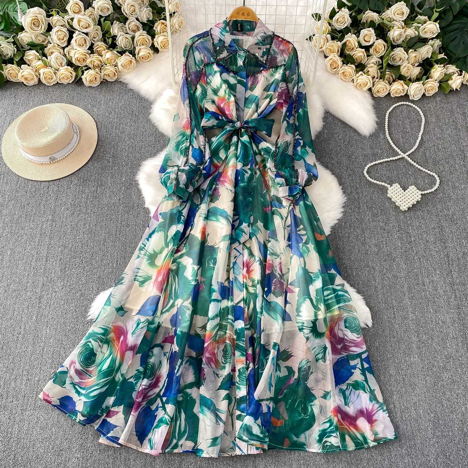 French Style Light Luxury Diamonds Dress Turn-down Collr Long Sleeve Single Breasted Big Swing Robe Vacation Print Vestidos X260306