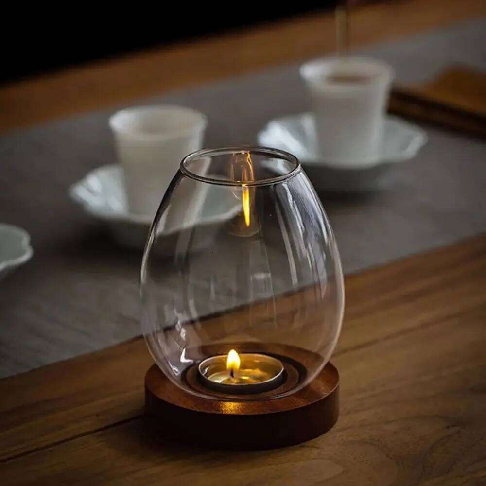 Transparent Glass Candlesticks Hollow Windproof Holder with Wood Base Round Candle Cup Cover Dining Table Decoration XJ260305