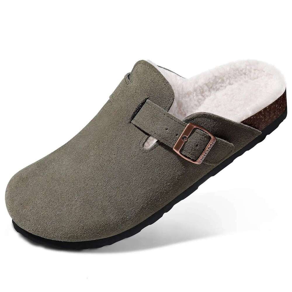 Litfun Winter Fur Mules With Adjustable Buckle Non-slip Cork Footbed Potato Shoes Plush Lined Comfy Women's Suede Clogs