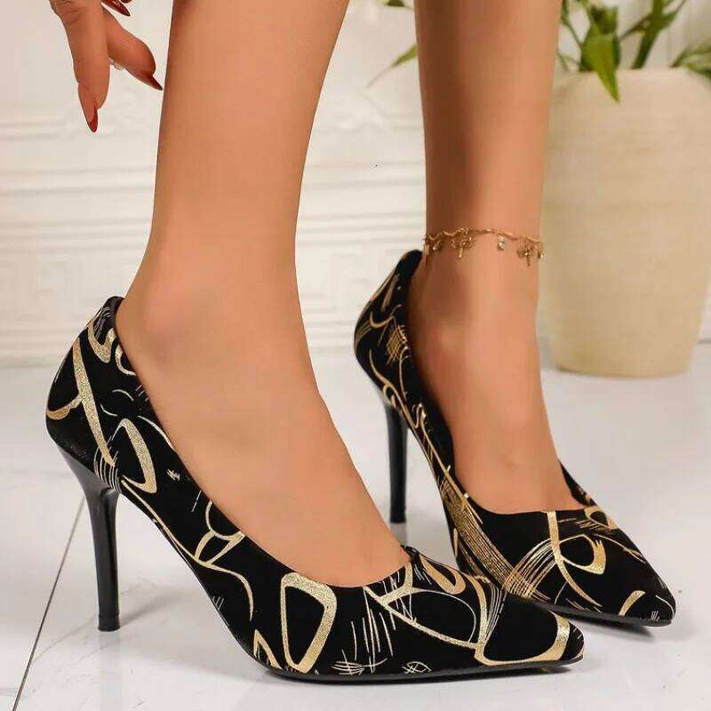2026 Spring Plus Size Stiletto Heels Sexy Pointed Toe Graffiti Pumps | Color Block Party Dance Shoes For Women