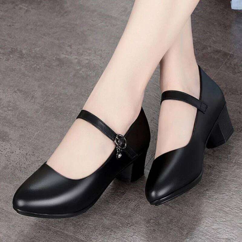 New A/W Women's Medium Heel Pumps - Soft Leather Non-Slip with Adjustable Buckle, Comfortable for Daily & Casual