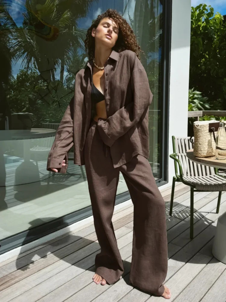 Women Casual Brown Cotton Linen Shirt Pants Suit Fashion Single Breasted Blouses Elastic Waist Pant Set Spring Loose Outfit 260305
