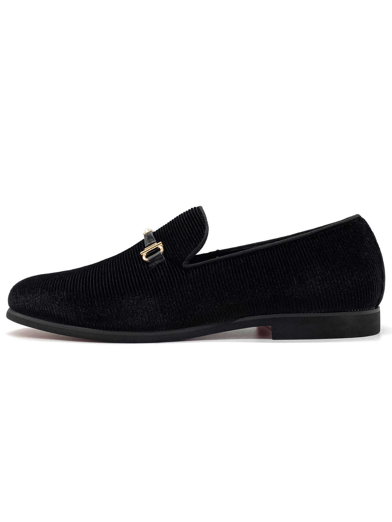 Men's Black Corduroy Velvet Loafers with Gold Embellishment Luxury Dress Shoes with Red Bottom Vintage Corduroy Slip-On Loafers