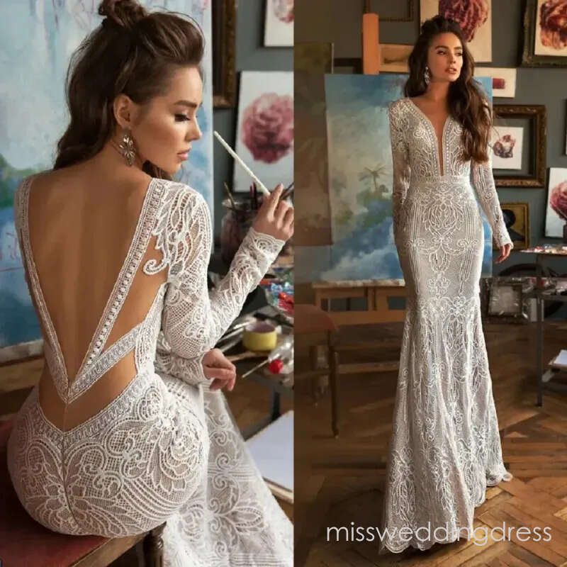 Customized Deep V Neck Lace Mermaid Wedding Dress Backless Long Sleeves Sweep Train Boho Bridal Gown Custom Made Bohemian