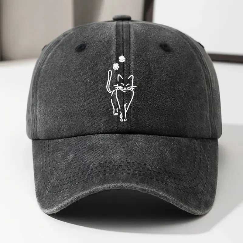 Cute Walking Cat Graphic Denim Cap Vintage Washed Polyester Casual Outdoor Adjustable Hat S260306