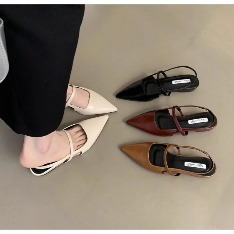 Women Leather Pu Casual Sandals Girl Fashion Mary Jane Shoes Slip on Flats Heels Ladies Pointed Toe Elegant Slingback Sandals 260303