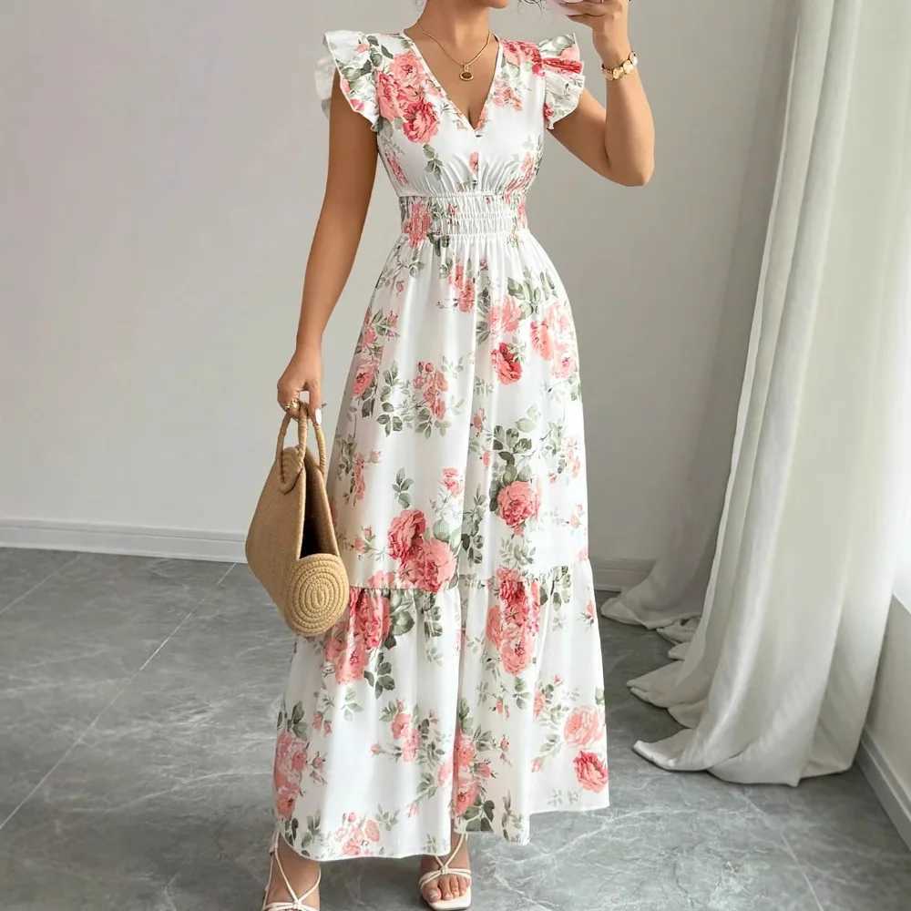 New Summer Womens Dress V-neck Elastic Waist Flying Sleeves Date Girl Vacation Fashion Patchwork Flower Print Female Long Skirt X260306