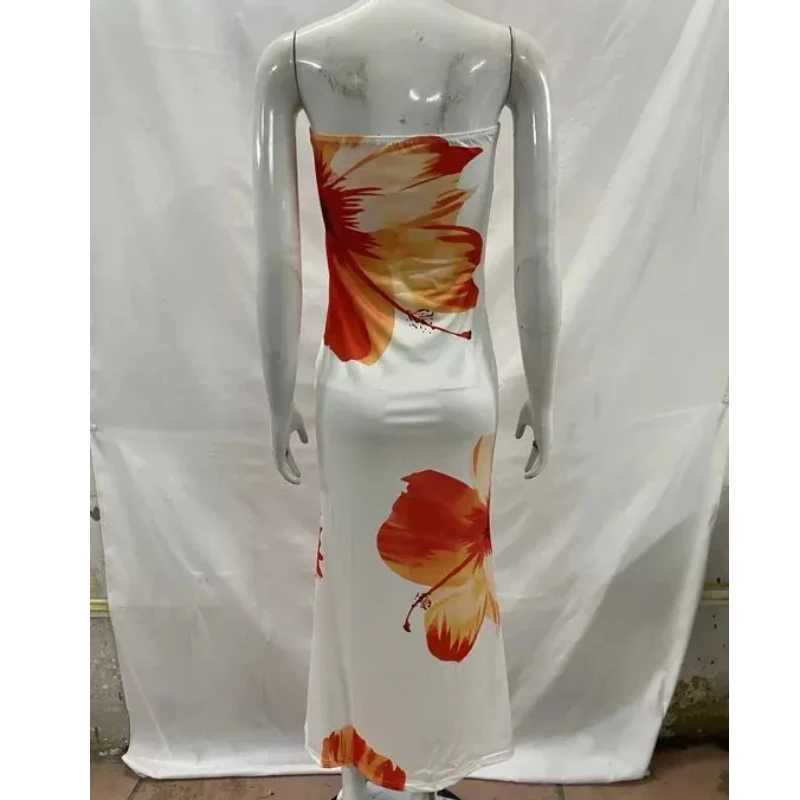 Harajuku Aesthetics Streetwear Classics Flower Print Dresses Fashionable Temperament Sexy Strapless Slimming Long Vacation Dress X260306