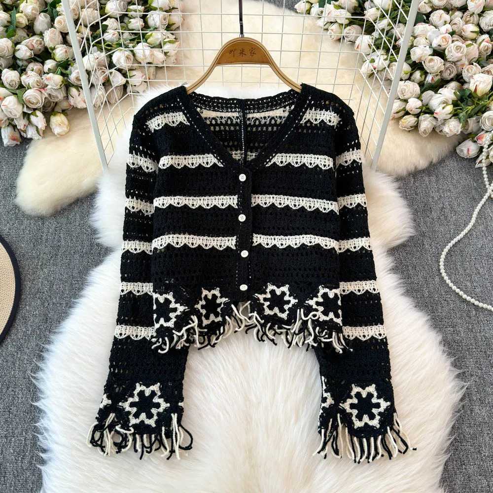 Embroidery Floral Crochet Knit Top with Tassel Long Sleeve Button-down Open-knit Cardigan Sweater Women Teen-girl Cute Outfit M260306