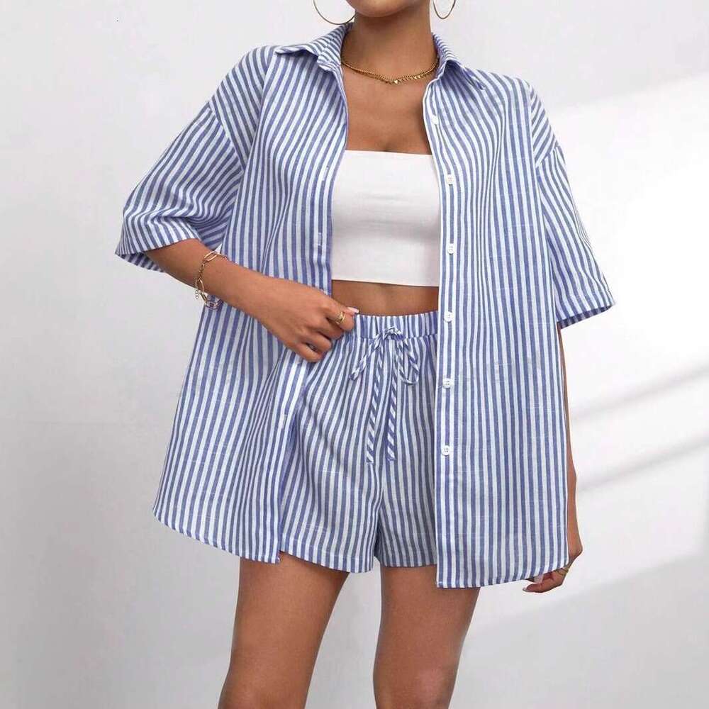 Spring summer cross-border European American women's clothing, new fashion striped short-sleeve shirt with collar and shorts casual two-piece set