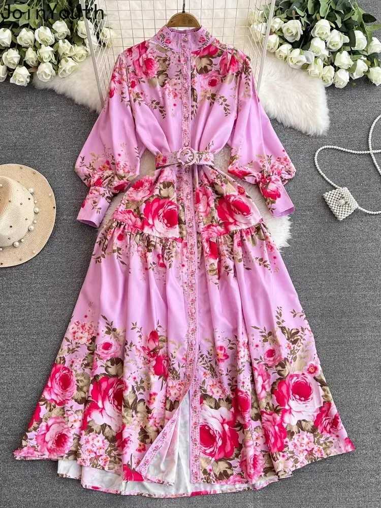 2025 Vestidos De Mujer Summer Dresses Women Print Floral Single Breasted Long Robe Femme High Waist Vintage Elegant Maxi Dress X260306